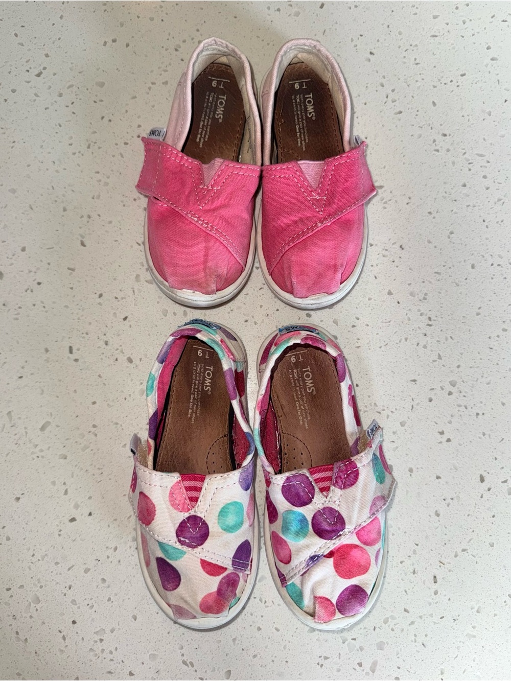2 Pairs of Toms Kids Pink Canvas Slip-Ons with Multi-Colored Dot Pair